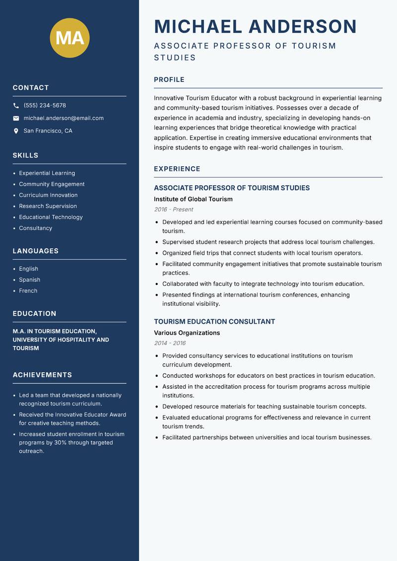Tourism Educator resume sample — Associate Professor of Tourism Studies focus