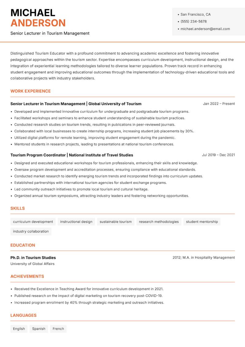 Tourism Educator resume sample — Senior Lecturer in Tourism Management focus