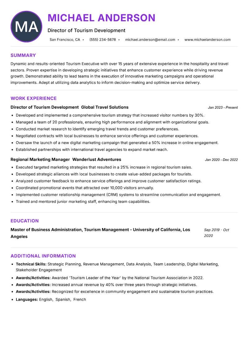 Tourism Executive resume example