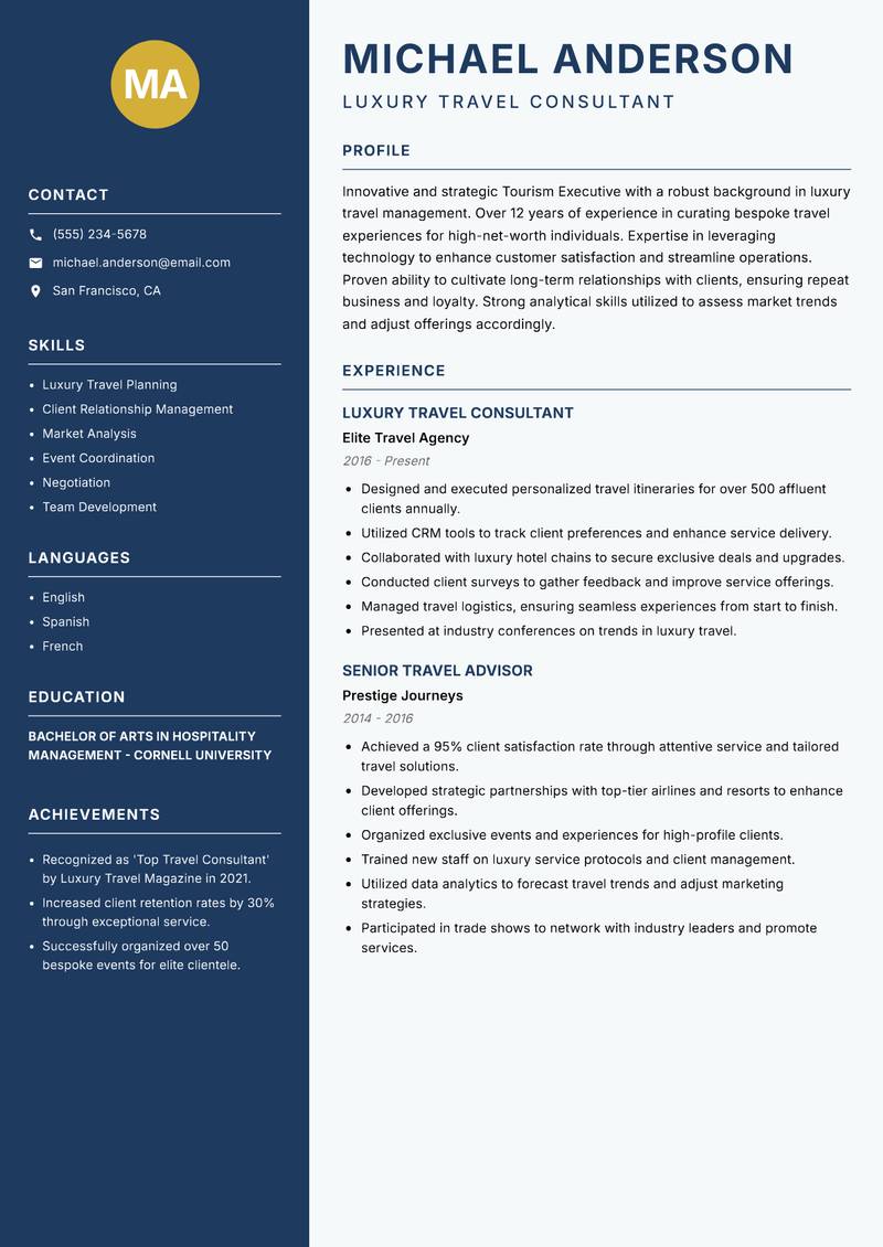 Tourism Executive resume sample — Luxury Travel Consultant focus
