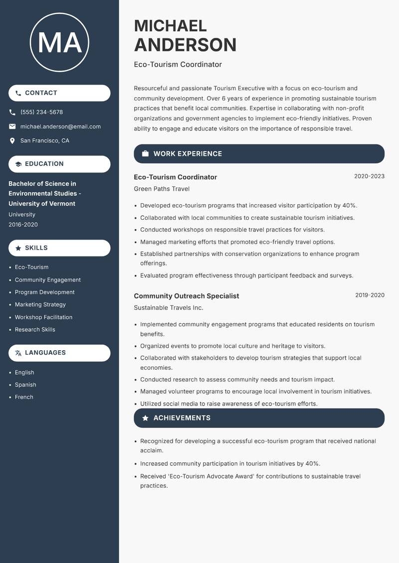 Tourism Executive resume sample — Eco-Tourism Coordinator focus