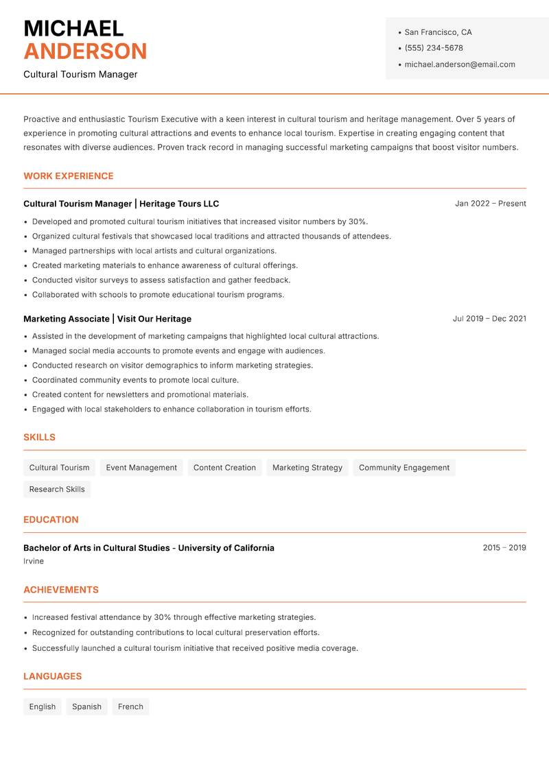 Tourism Executive resume sample — Cultural Tourism Manager focus