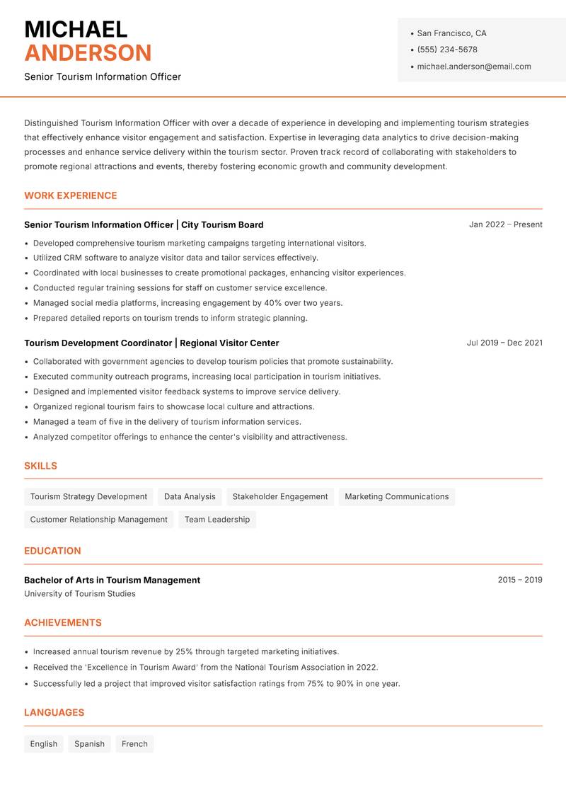 Tourism Information Officer resume sample — Senior Tourism Information Officer focus