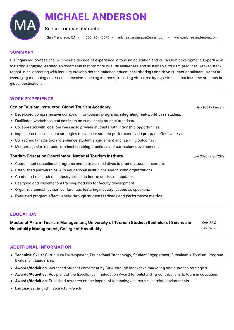 Tourism Instructor resume example