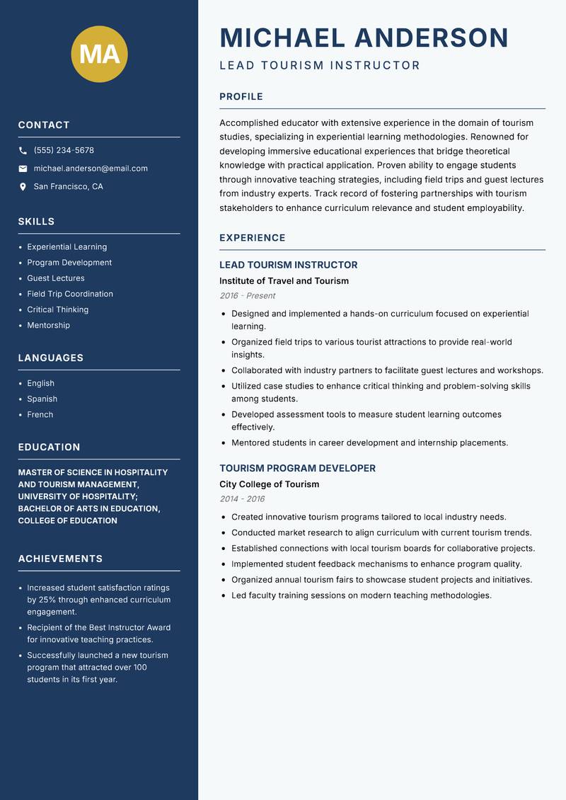 Tourism Instructor resume sample — Lead Tourism Instructor focus