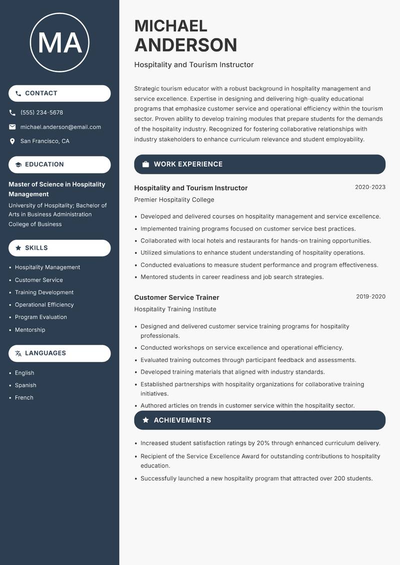 Tourism Instructor resume sample — Hospitality and Tourism Instructor focus