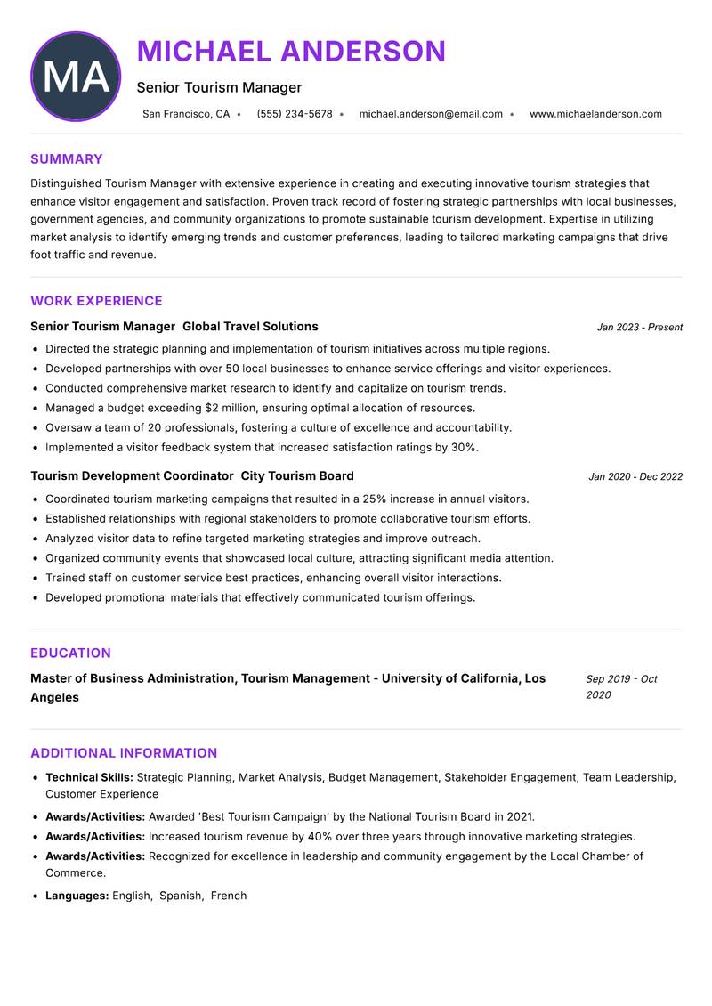 Tourism Manager resume example