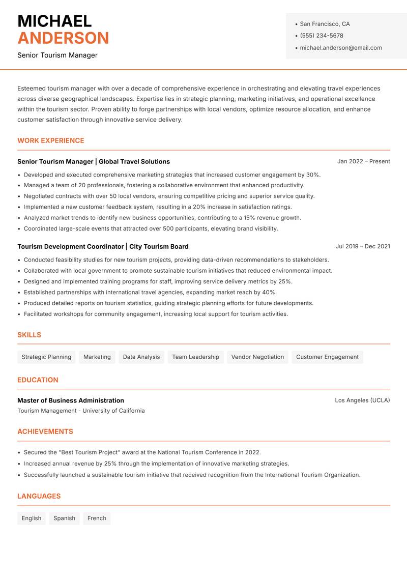 Tourism Manager resume sample — Senior Tourism Manager focus