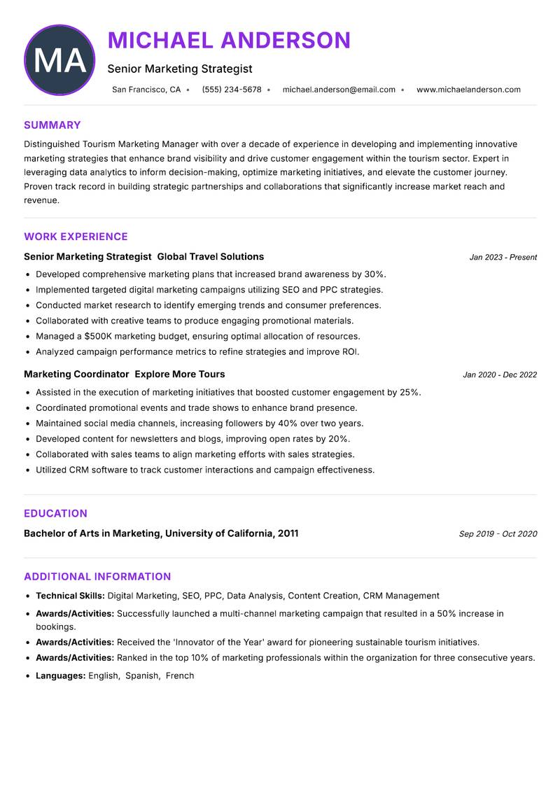 Tourism Marketing Manager resume example