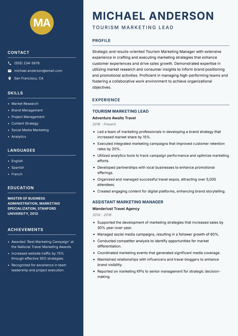 Tourism Marketing Manager resume sample — Tourism Marketing Lead focus