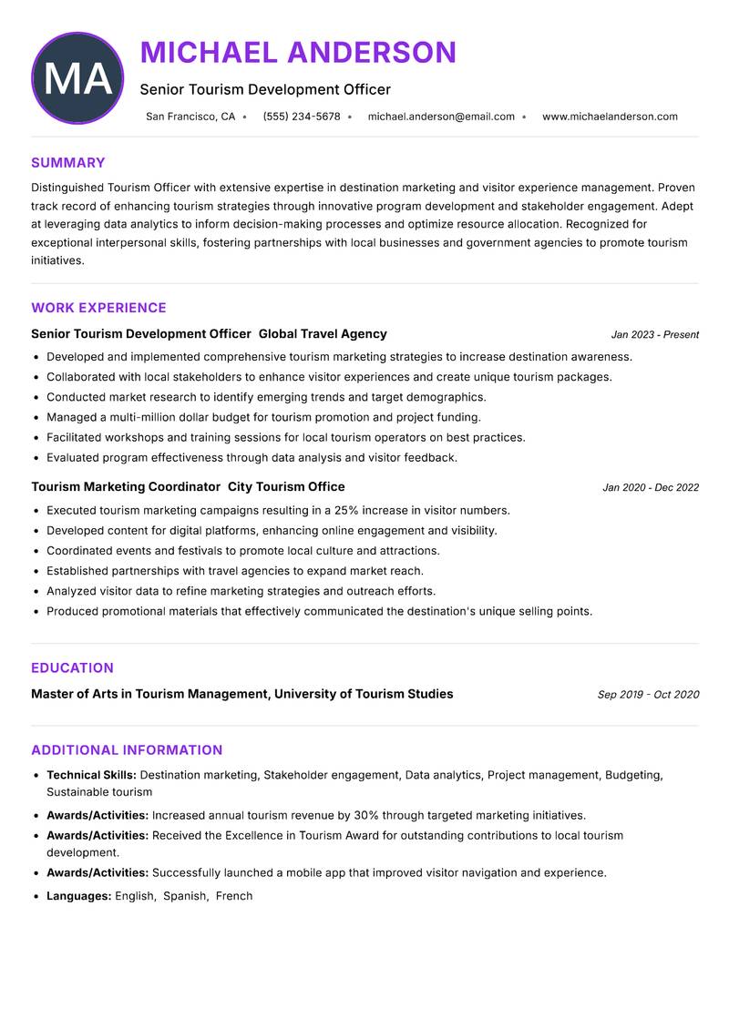 Tourism Officer resume example