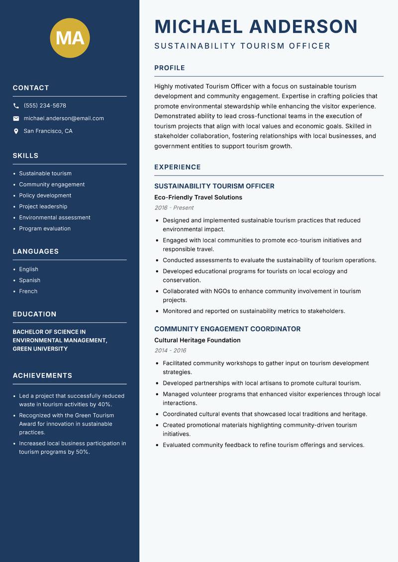 Tourism Officer resume sample — Sustainability Tourism Officer focus