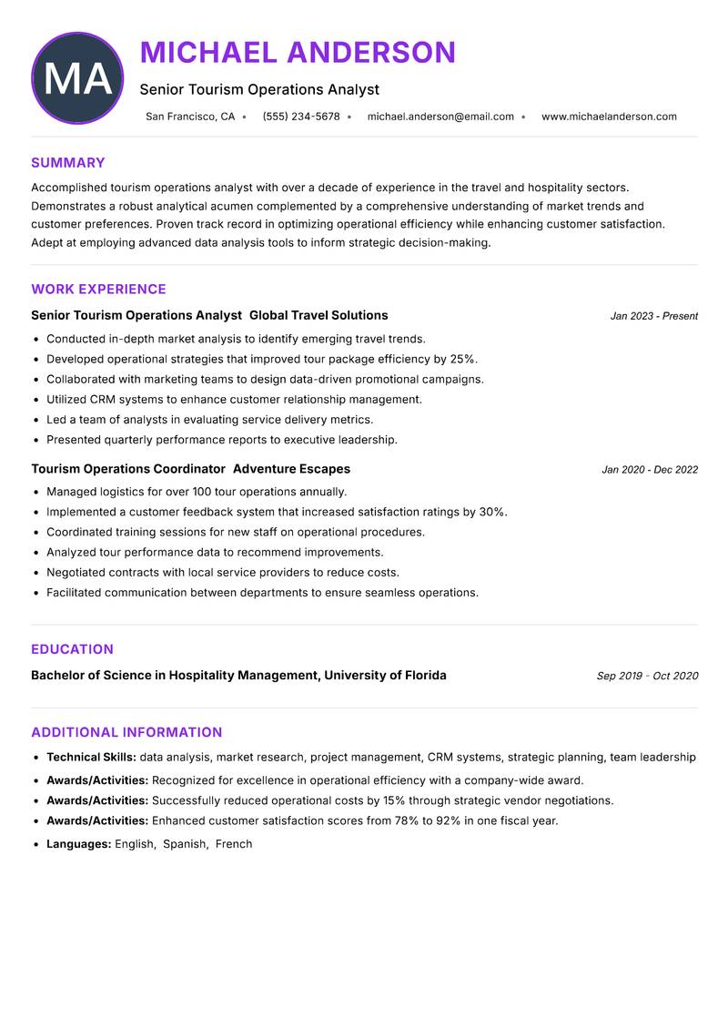 Tourism Operations Analyst resume example