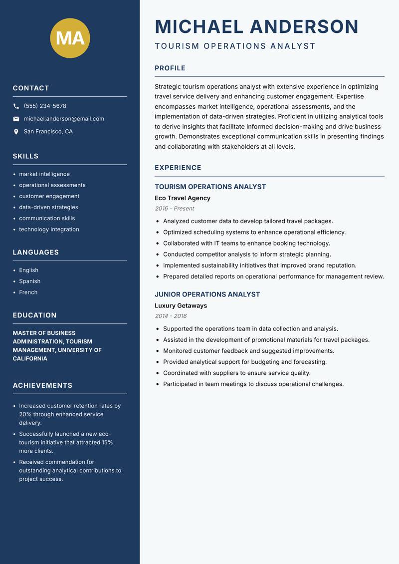 Tourism Operations Analyst resume sample — Tourism Operations Analyst focus