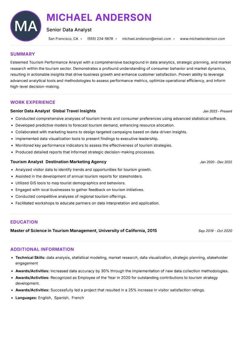 Tourism Performance Analyst resume example