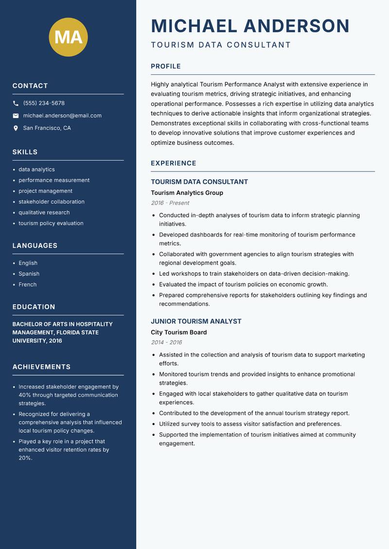 Tourism Performance Analyst resume sample — Tourism Data Consultant focus