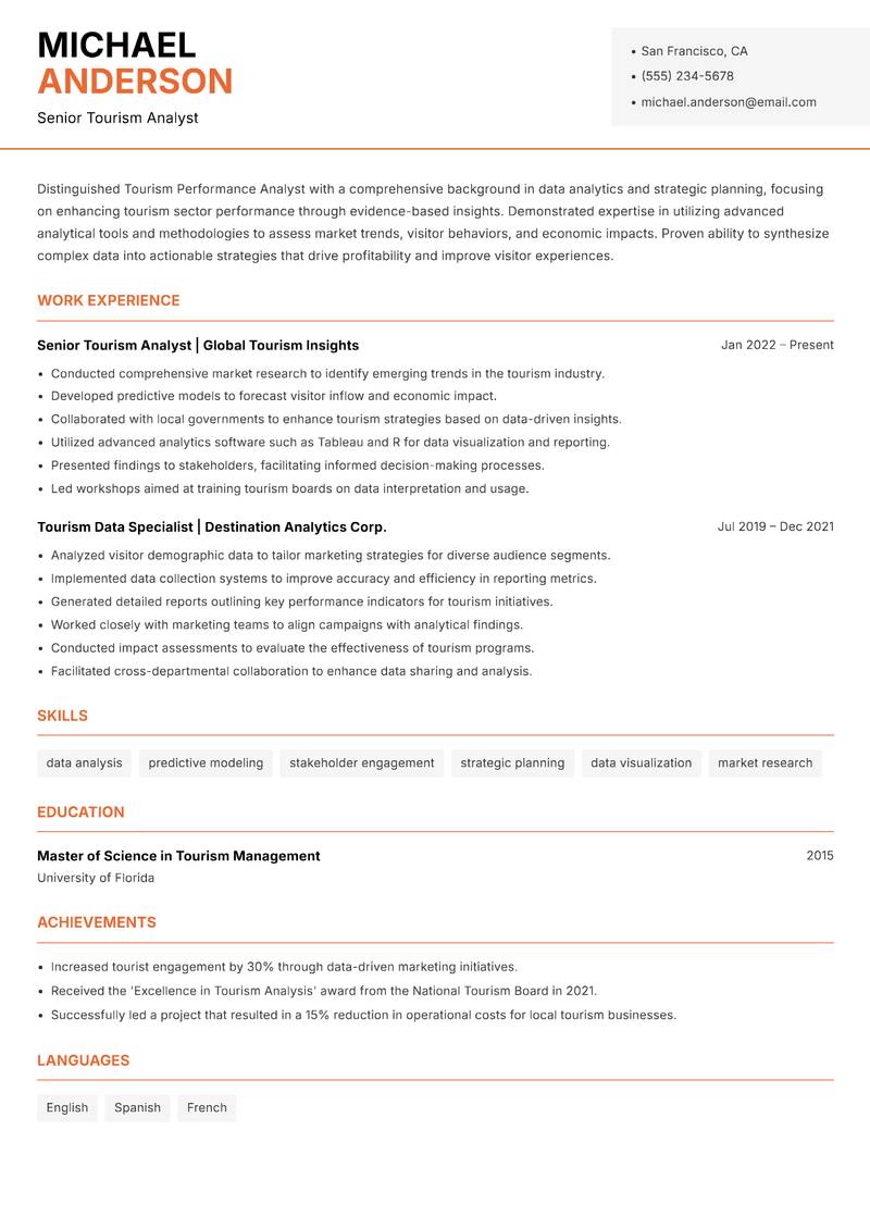 Tourism Performance Analyst resume sample — Senior Tourism Analyst focus