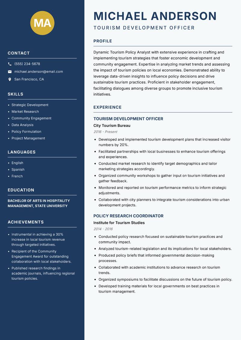 Tourism Policy Analyst resume sample — Tourism Development Officer focus