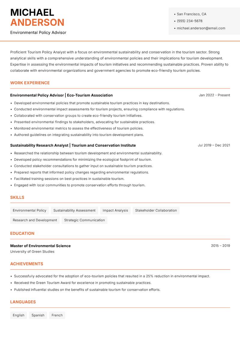 Tourism Policy Analyst resume sample — Environmental Policy Advisor focus