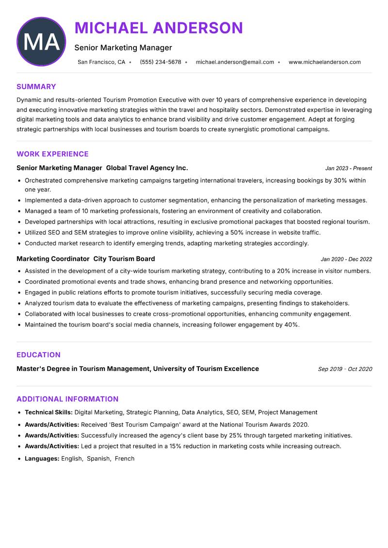 Tourism Promotion Executive resume example