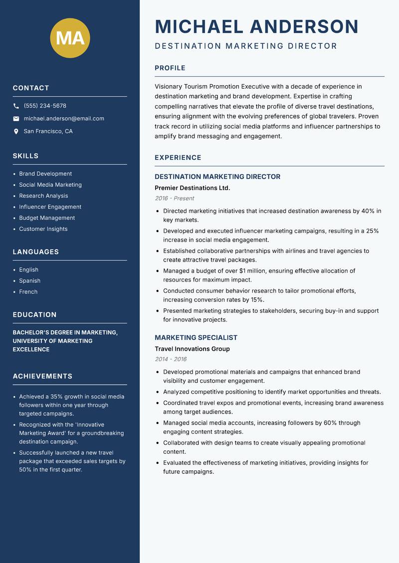 Tourism Promotion Executive resume sample — Destination Marketing Director focus