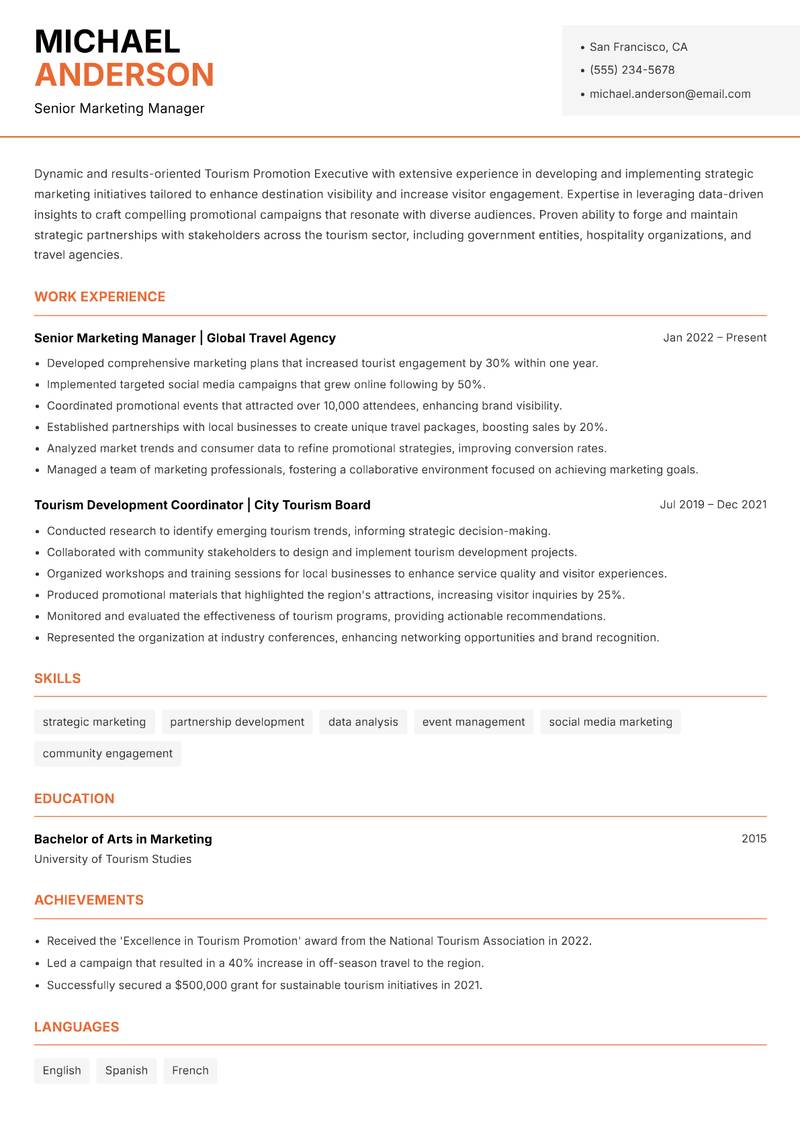 Tourism Promotion Executive resume sample — Senior Marketing Manager focus