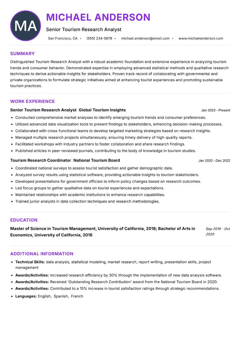 Tourism Research Analyst resume example
