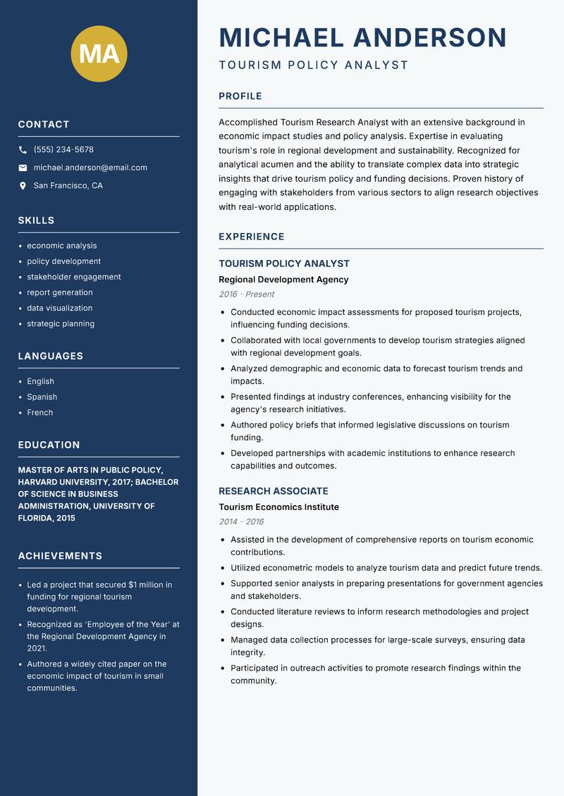 Tourism Research Analyst resume sample — Tourism Policy Analyst focus
