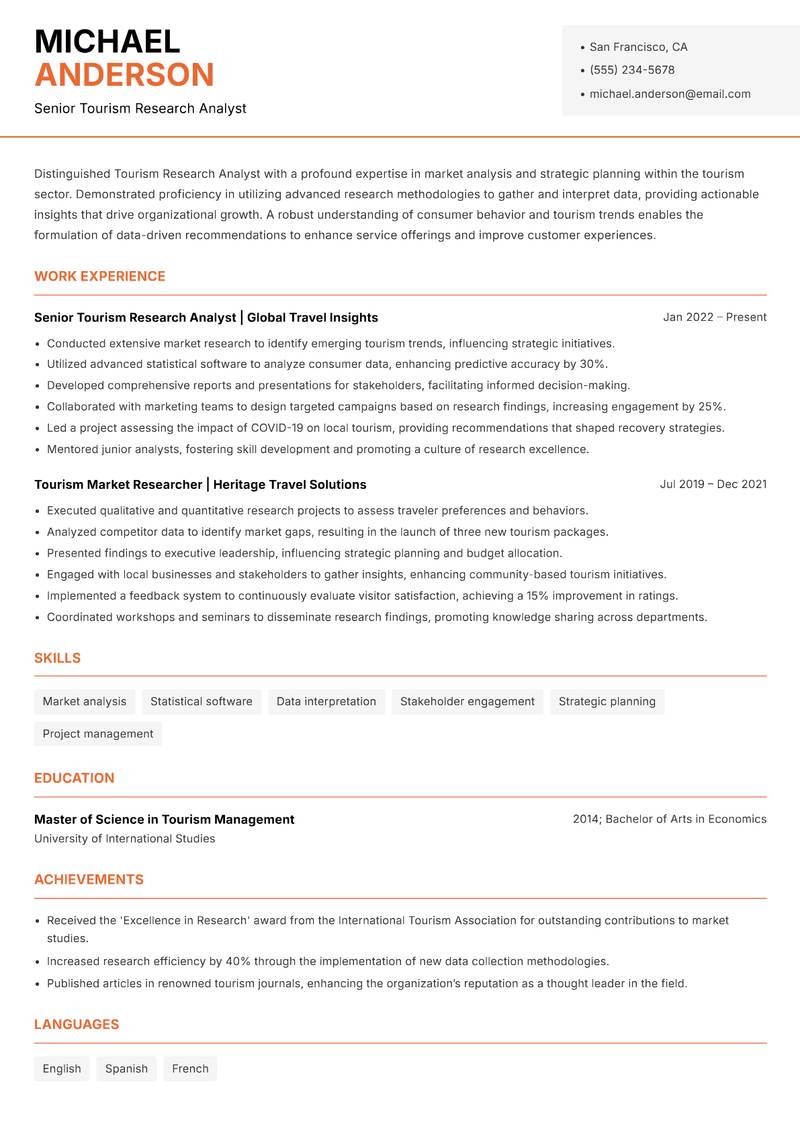 Tourism Research Analyst resume sample — Senior Tourism Research Analyst focus