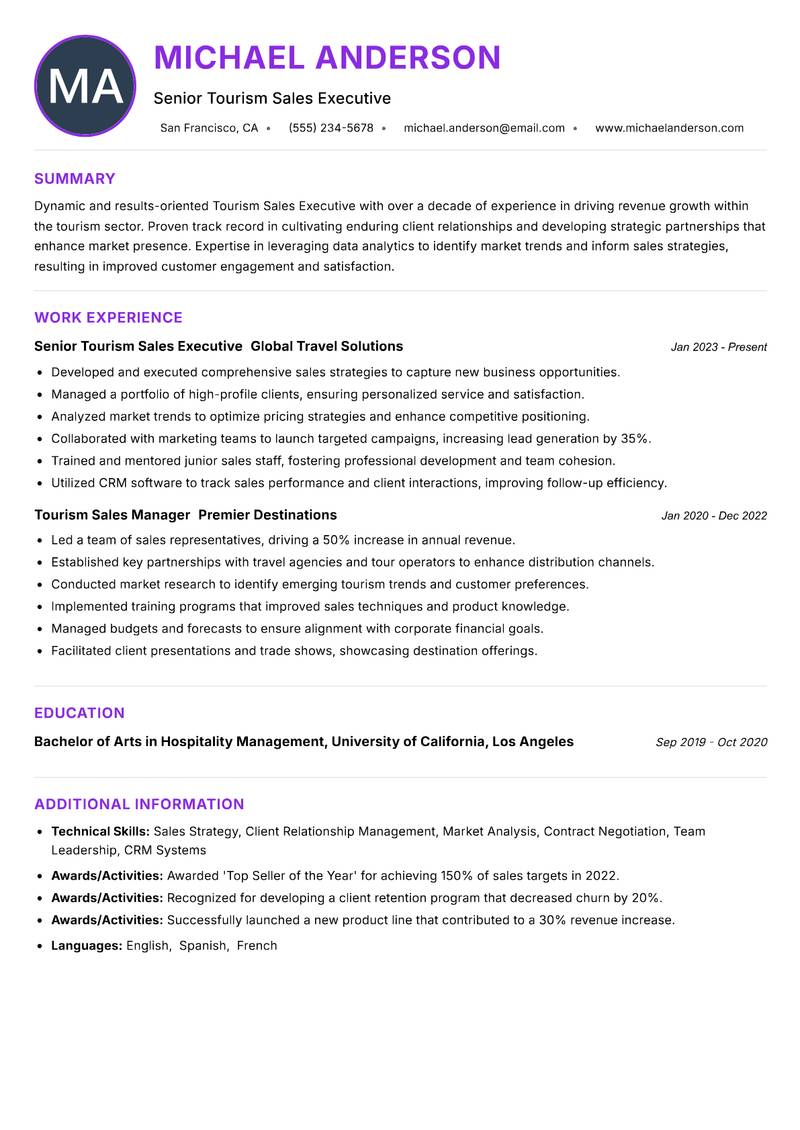Tourism Sales Executive resume example