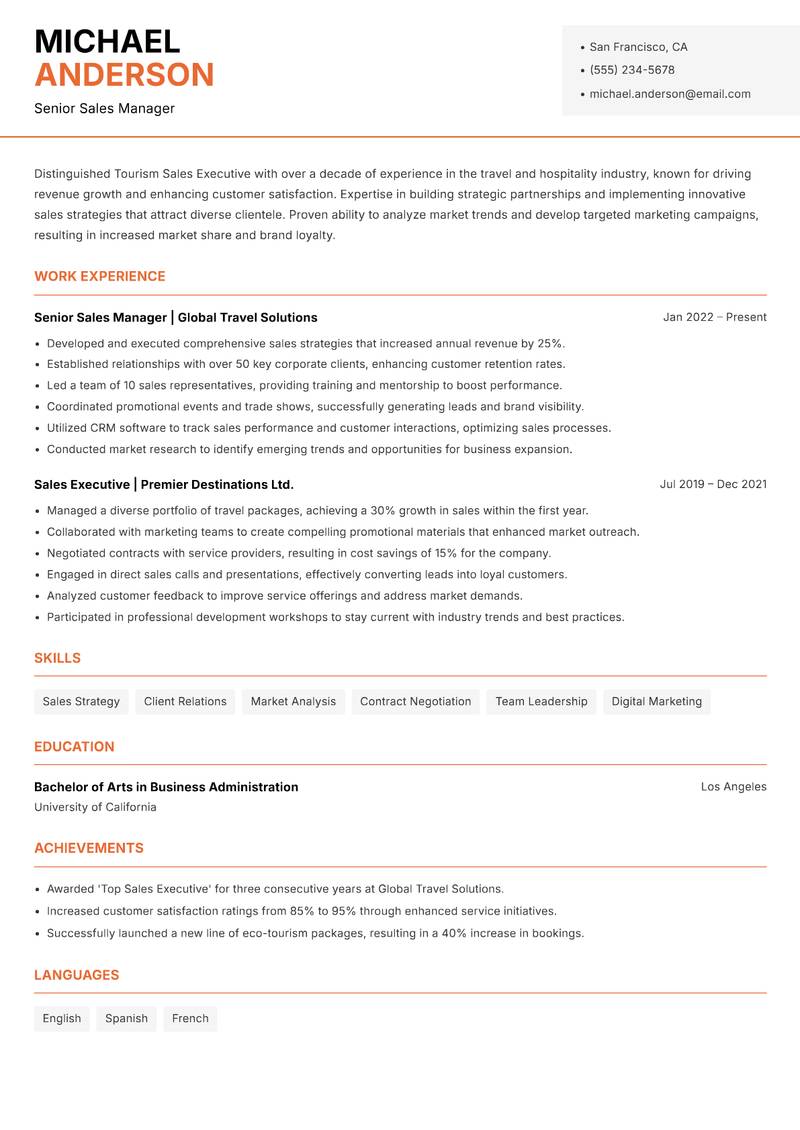Tourism Sales Executive resume sample — Senior Sales Manager focus