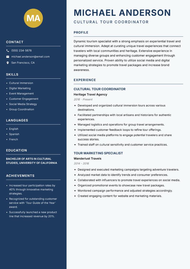Tourism Specialist resume sample — Cultural Tour Coordinator focus