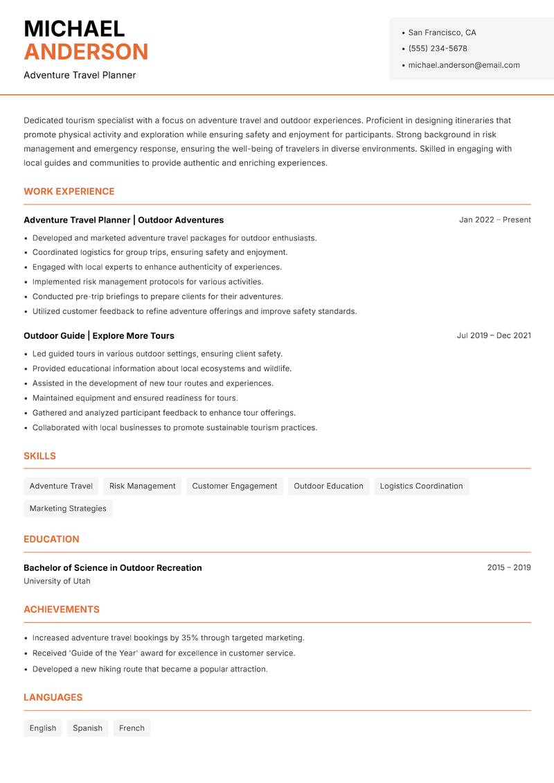 Tourism Specialist resume sample — Adventure Travel Planner focus