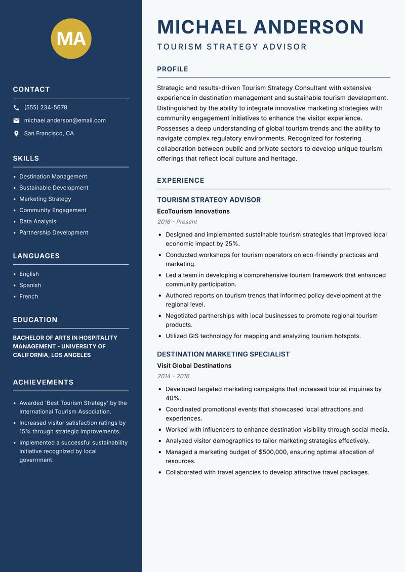Tourism Strategy Consultant resume sample — Tourism Strategy Advisor focus