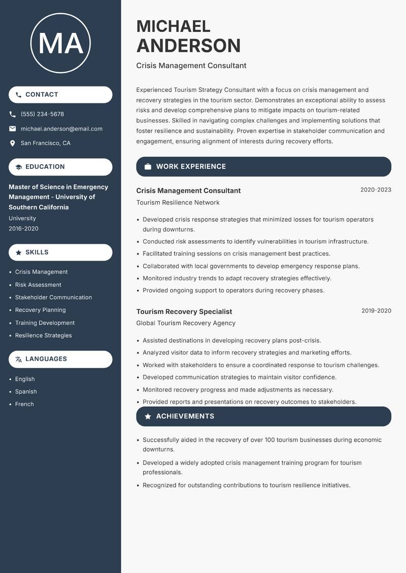 Tourism Strategy Consultant resume sample — Crisis Management Consultant focus