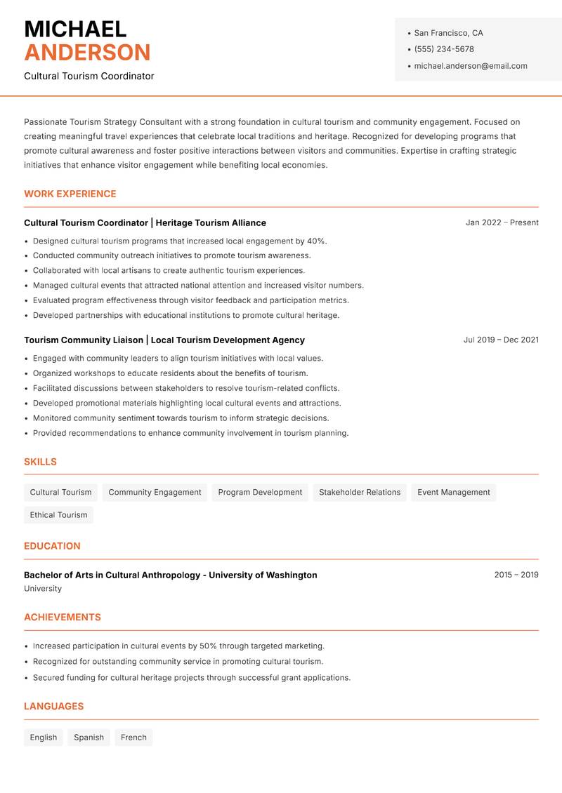 Tourism Strategy Consultant resume sample — Cultural Tourism Coordinator focus