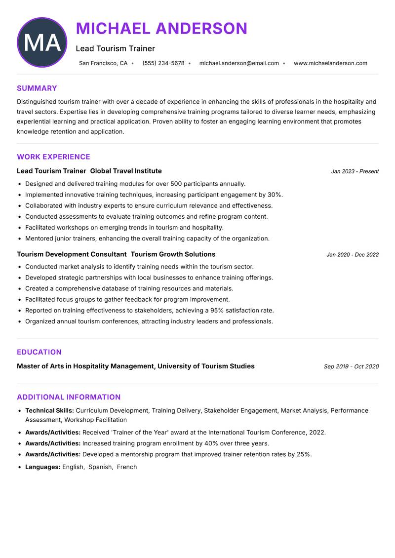 Tourism Trainer resume example