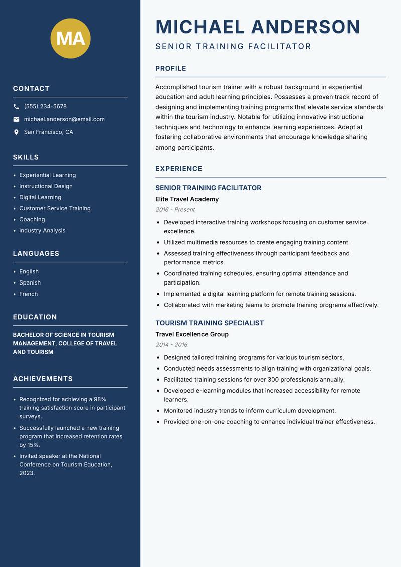 Tourism Trainer resume sample — Senior Training Facilitator focus