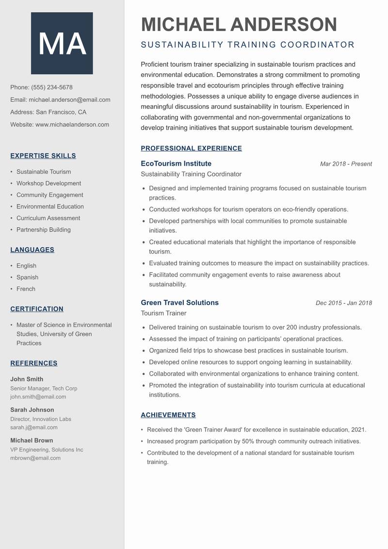 Tourism Trainer resume sample — Sustainability Training Coordinator focus