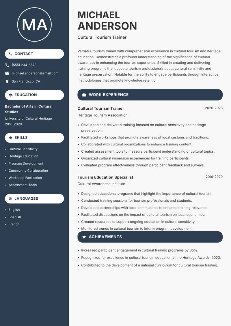 Tourism Trainer resume sample — Cultural Tourism Trainer focus