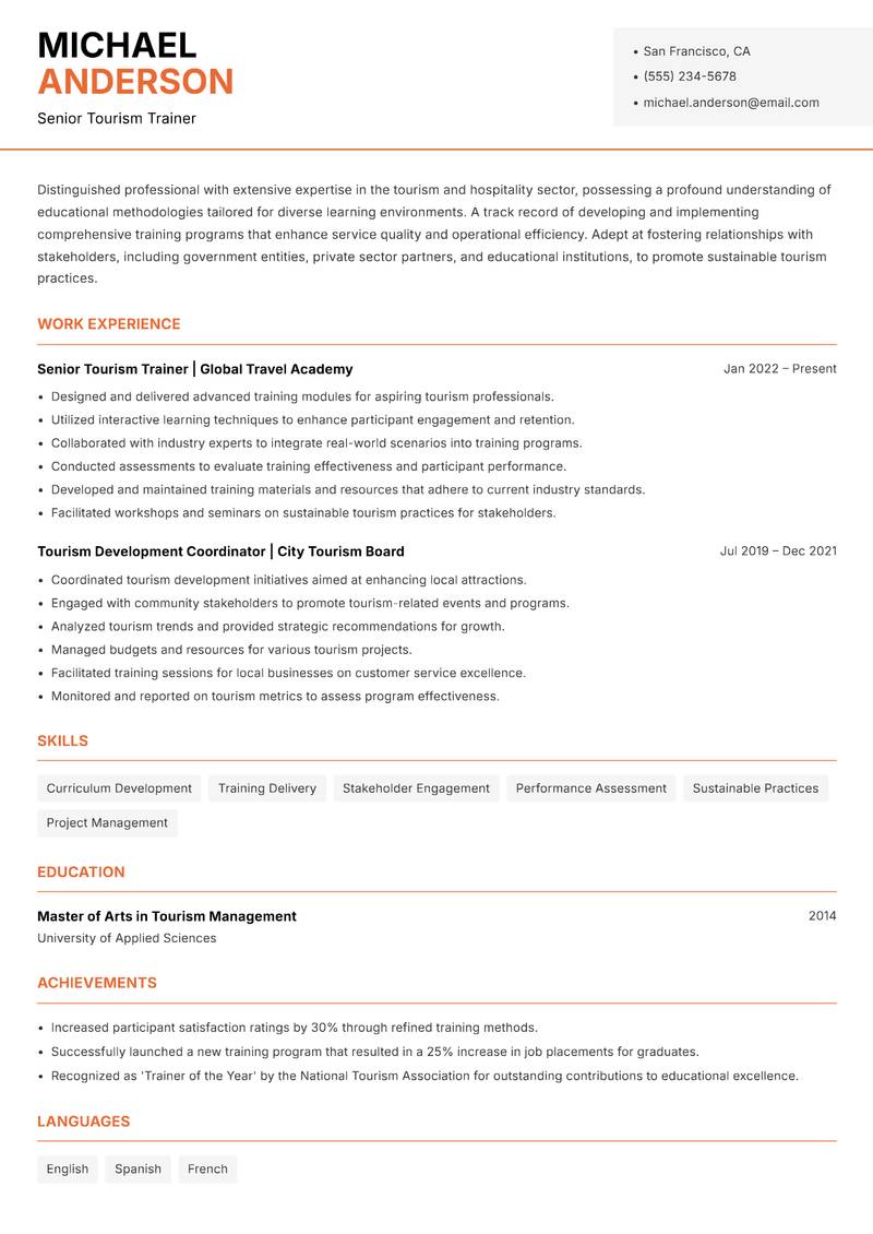 Tourism Trainer resume sample — Senior Tourism Trainer focus