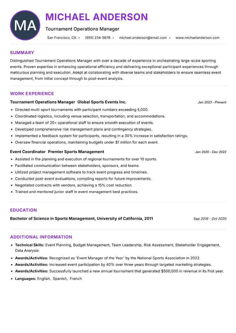Tournament Operations Manager resume example