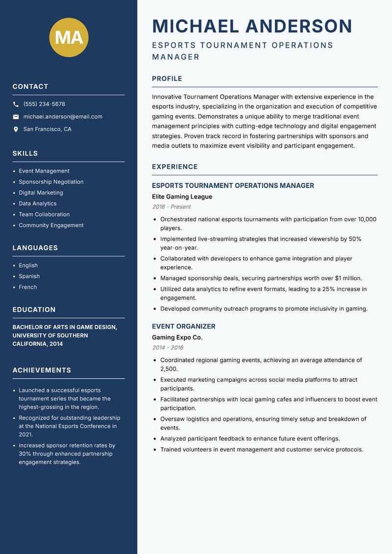 Tournament Operations Manager resume sample — Esports Tournament Operations Manager focus