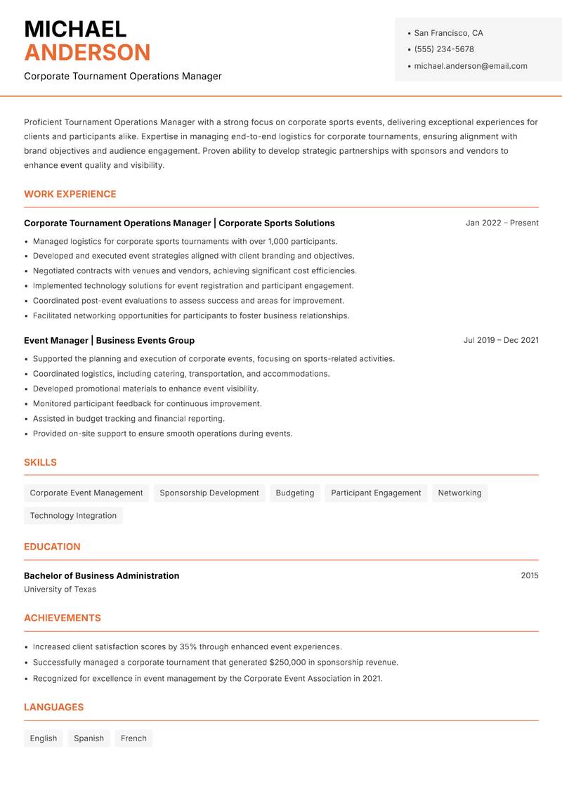 Tournament Operations Manager resume sample — Corporate Tournament Operations Manager focus