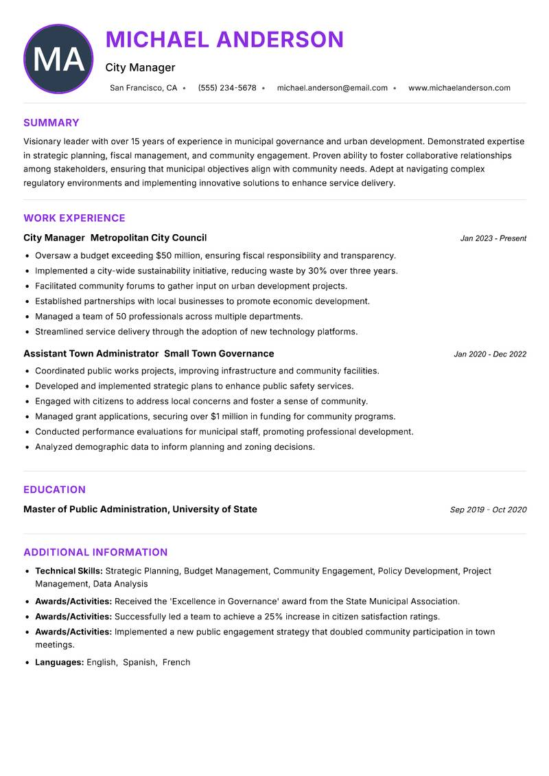Town Administrator resume example