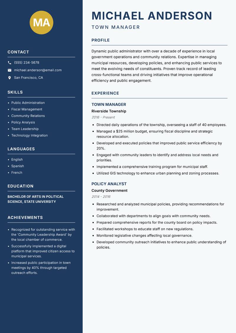 Town Administrator resume sample — Town Manager focus