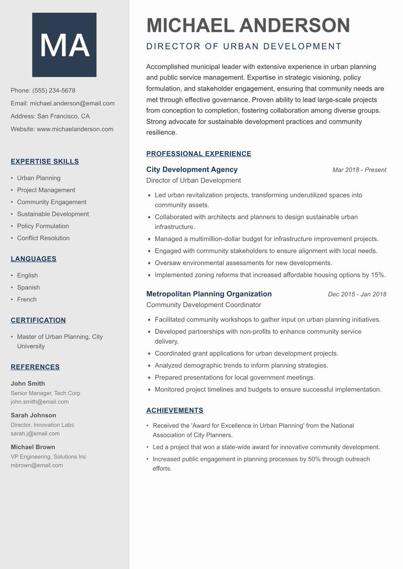 Town Administrator resume sample — Director of Urban Development focus