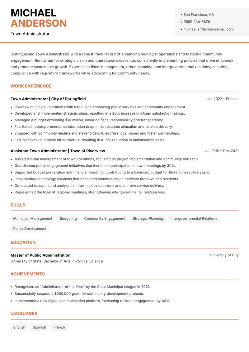 Town Administrator resume sample — Town Administrator focus