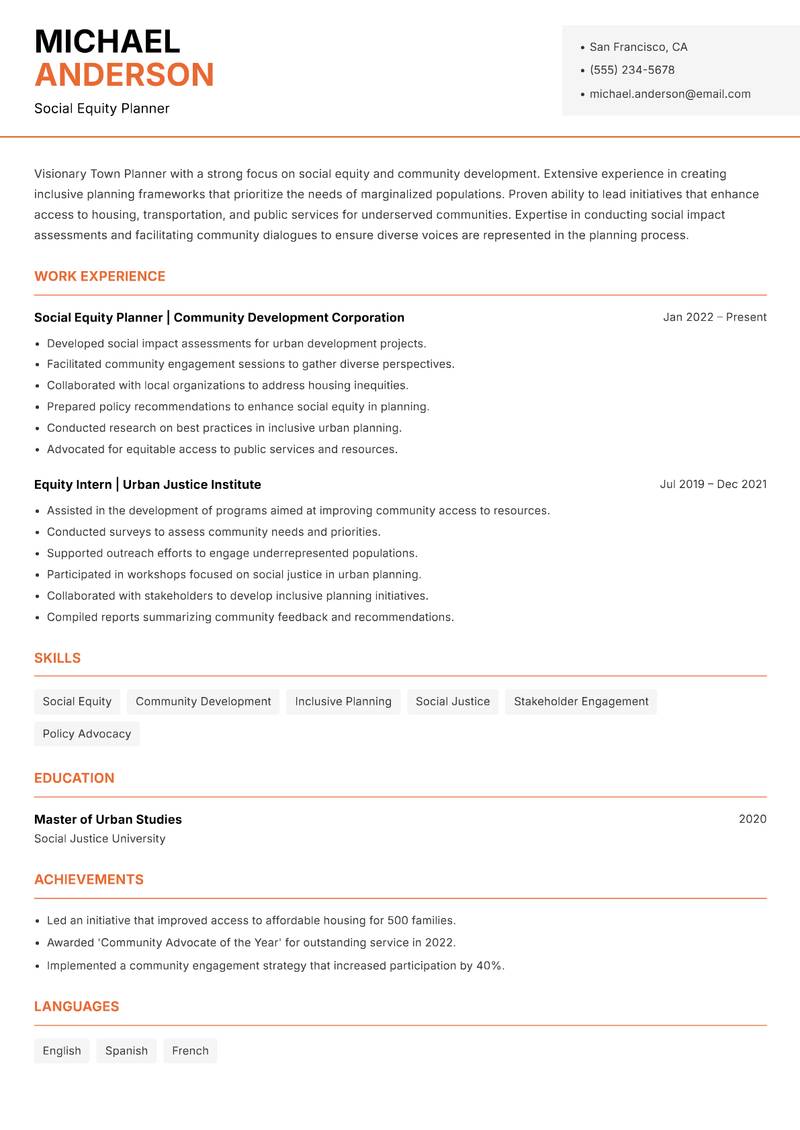 Town Planner resume sample — Social Equity Planner focus