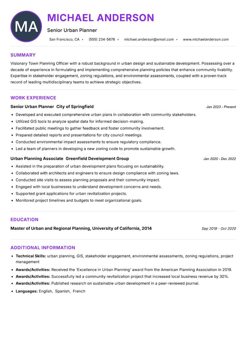 Town Planning Officer resume example